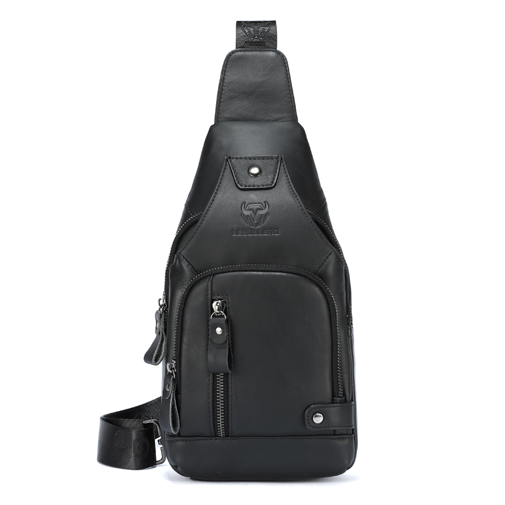 LEBULLBRO Sling Bag for Men Genuine Leather Chest Bag Crossbody Backpack Travel Hiking Outdoor Sports Black