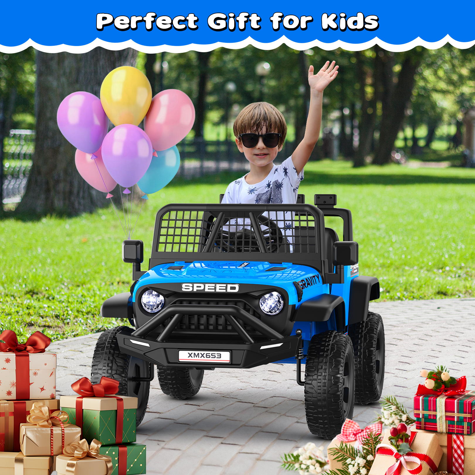 Funcid 12 Volt Ride on Toys for Toddlers Ride on Cars with Remote Control, Battery Powered Ride on Truck Car w/ Bluetooth Music, LED Lights, Spring Suspension, 3 Speeds, Blue