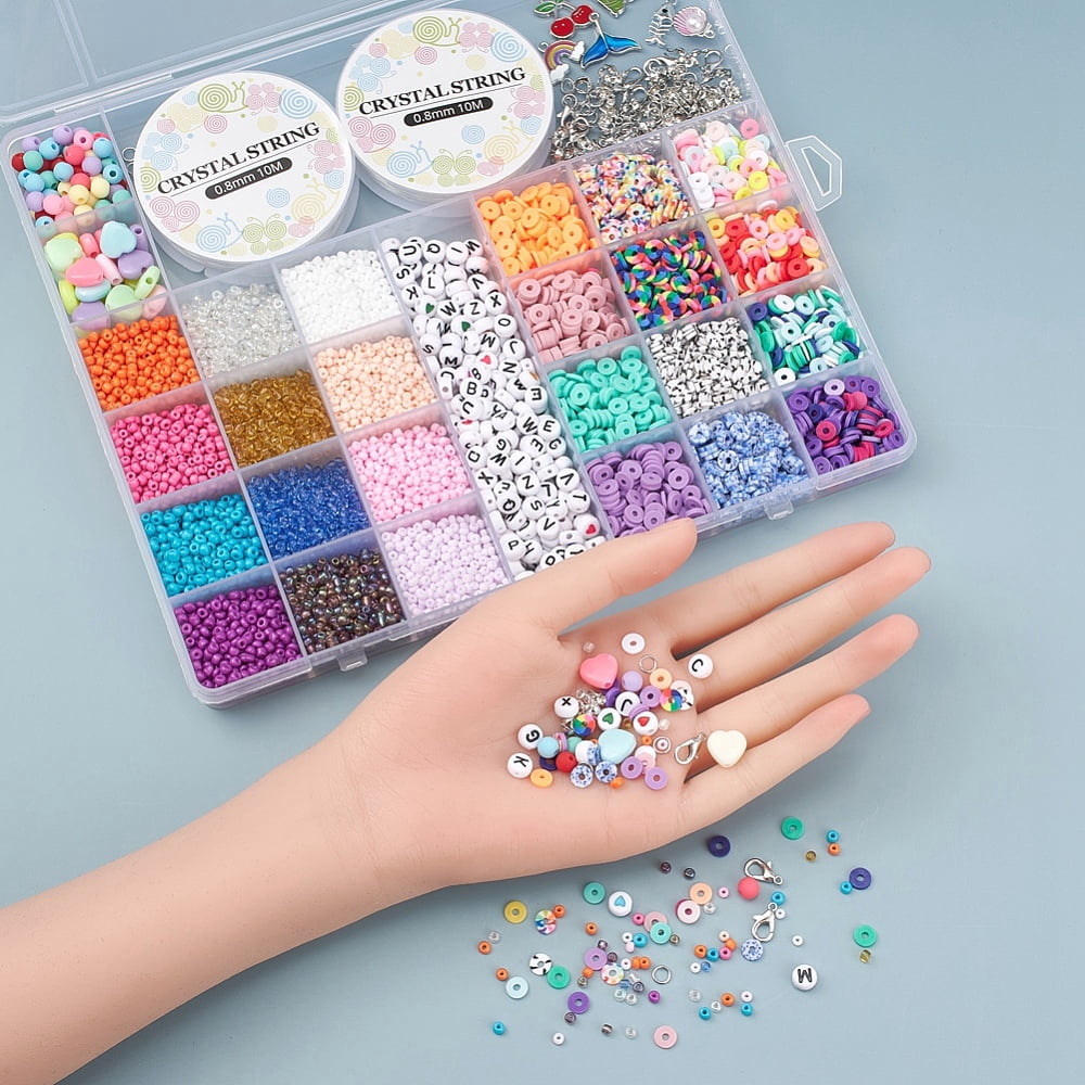 1box Seed & Heishi Beads Jewelry set Making Kit Including Letter Acrylic & Disc Polymer Clay & Glass Seed Beads Alloy Clasp & Elastic Thread Iron Jump Rings & Bead Tips Mixed color Beads: 6140pcs/box