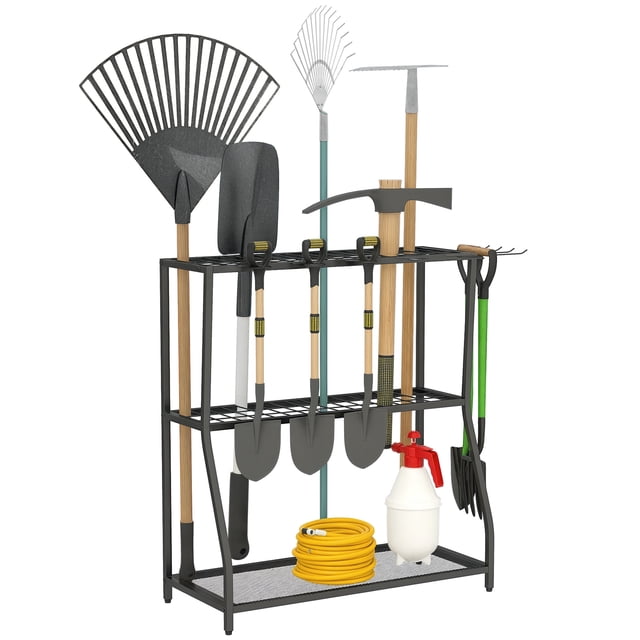 Outsunny Garden Tool Organizer with Hooks, Yard Tool Tower Rack, Black