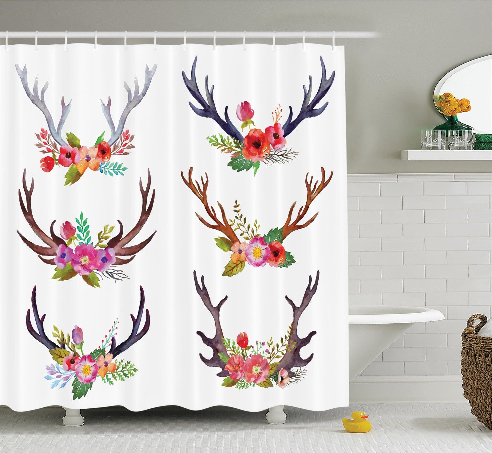 Antlers Decor Shower Curtain Set Deer Horns Bouquet Flowers Bloom