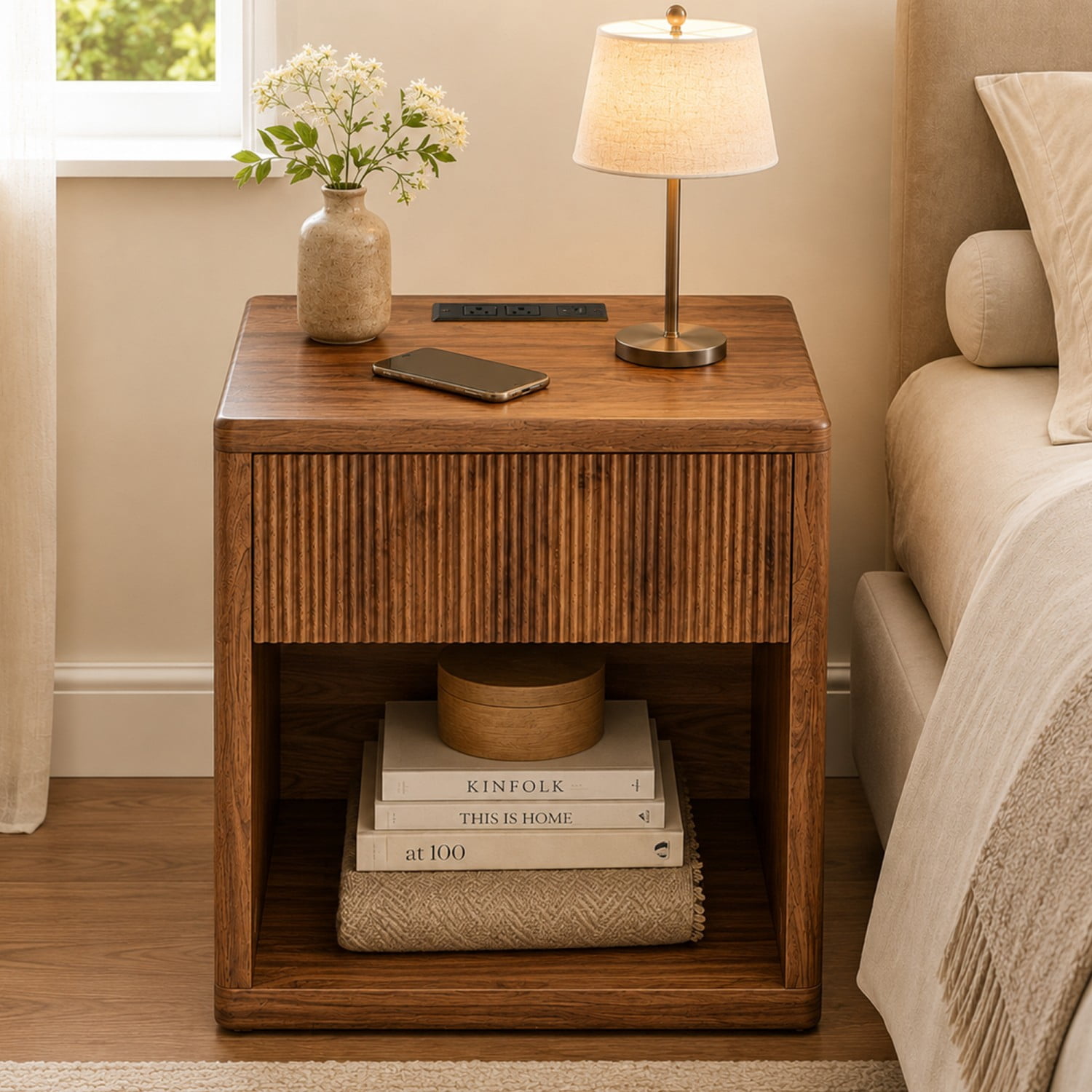 Modern Fluted Nightstand with Drawer Storage, Large Wide Bedside Table with Open Shelf, Mid Century End Table for Bedroom, Living Room Sofa Couch, Home Office, Brown