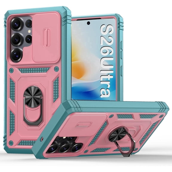 for Samsung S26 Ultra Case,With Slide Camera Cover,Metal Kickstand Holder Heavy Duty Shockproof Phone Cover For Galaxy S26 Ultra 6.9"(Green/Pink)