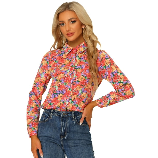 CamiFloral Con Botones Y BluDe ManLarCon Cuello En PunPaMujer NaranXS