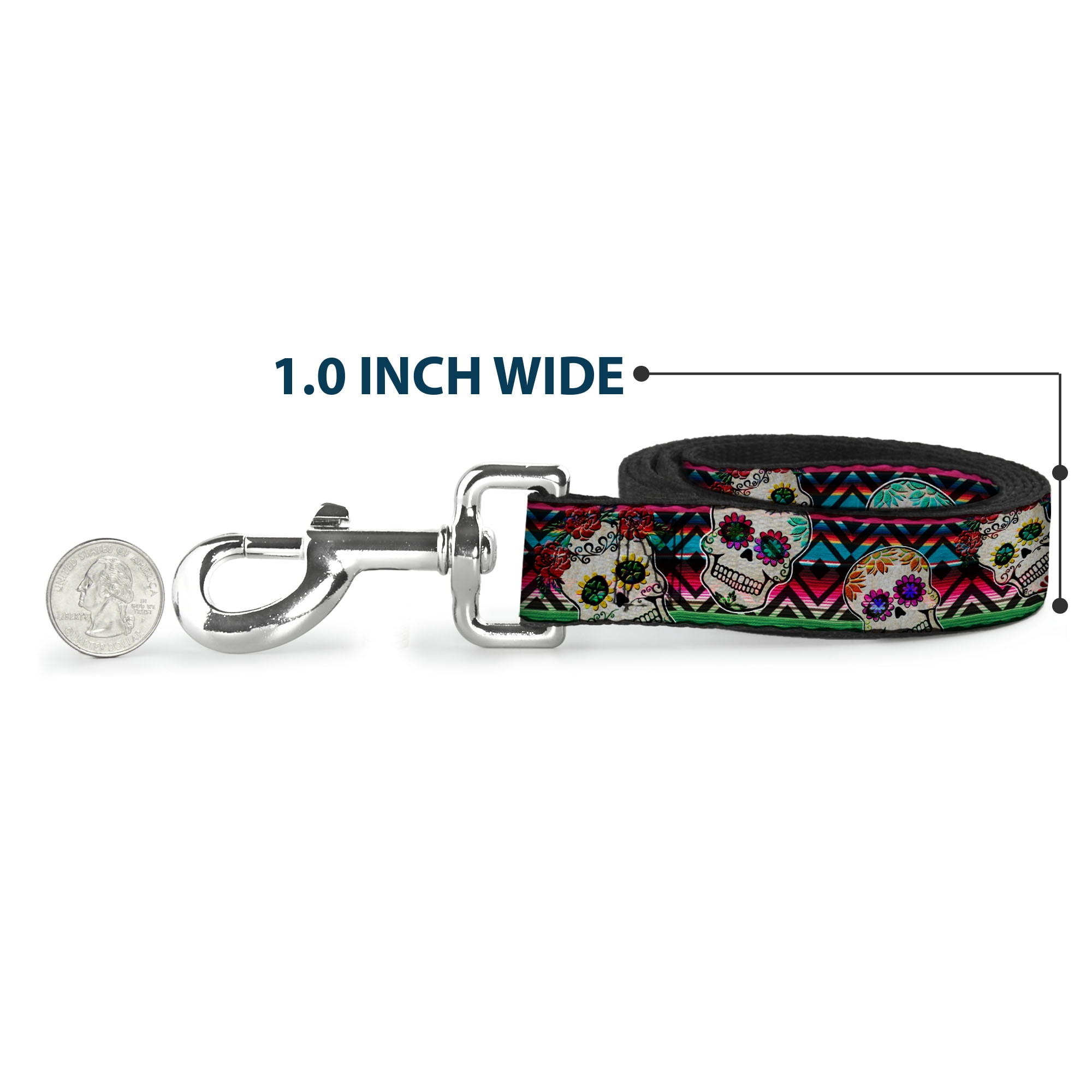 Buckle-Down Pet Leash, Dog Leash, Sugar Skulls Zarape Multi Color, 6 Feet Long 1.0 Inch Wide