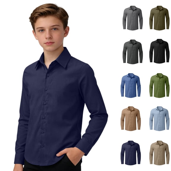 JACHENN Kids Boys' Button Down Shirts Boys Formal Outfit Navy Dress Shirt for Boys Kids Uniform Shirts for Boys 7-8 Years