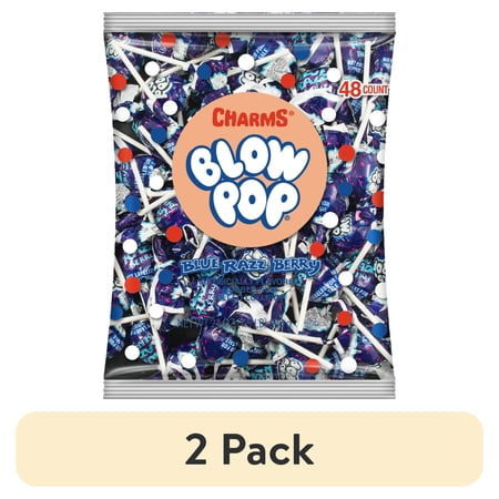 (2 pack) Charms Blow Pop Blue Razz Bubble Gum, 48 count, 50 calories, 24 oz. Bag