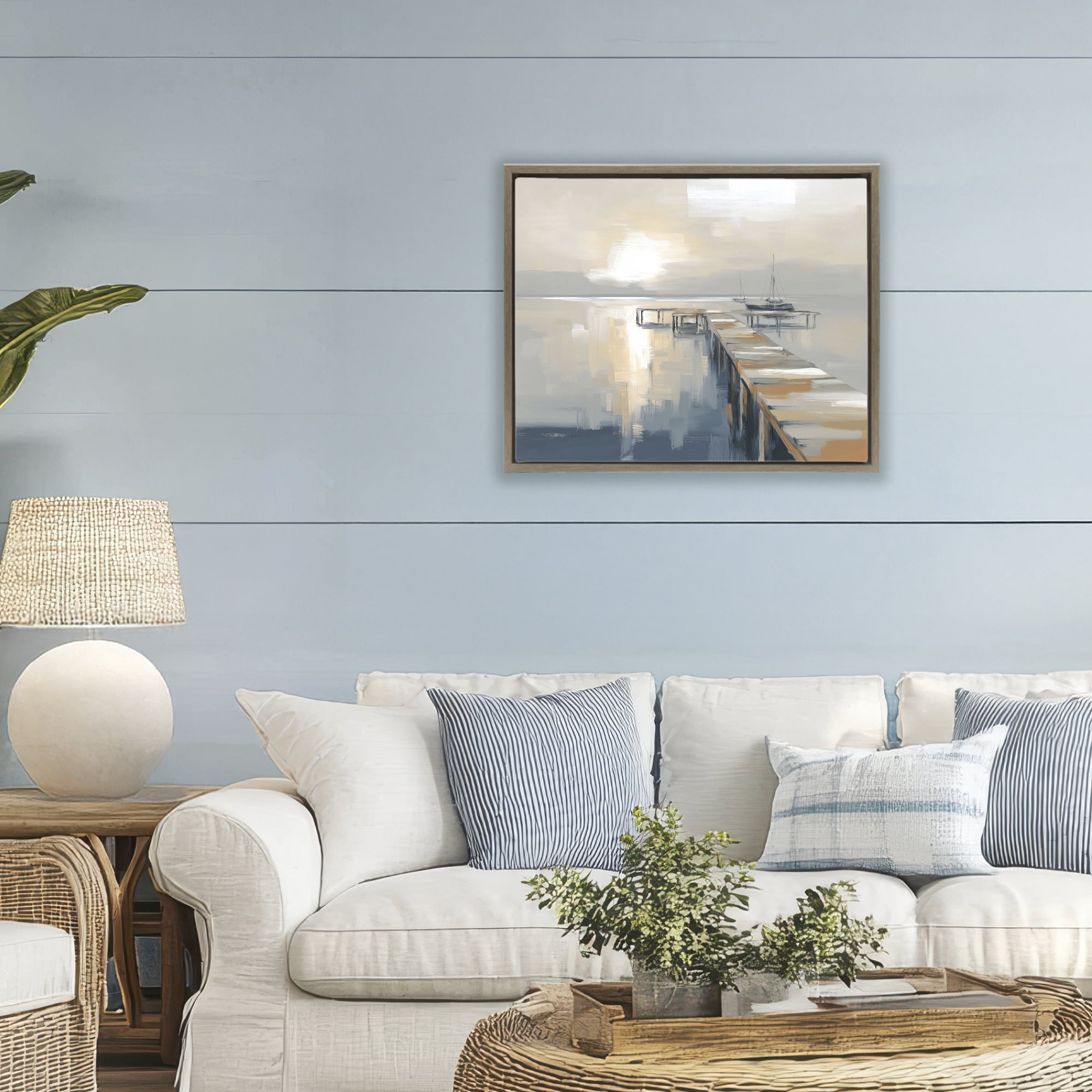 Stupell Industries Pier with Sailboat Seascape Brown Framed Floater Canvas Wall Art, design by Kim Curinga