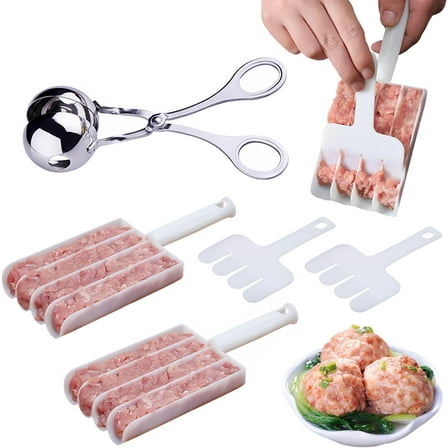 2Pcs Four Tubes Meatball Maker Tool, Non-Stick Plastic Meatball Maker with Cutting Spade, 1 Pcs Stainless Steel Meat Baller Tongs, 4 Meatballs at 1 Time Fast Meatball Maker for Round Pastries Dough