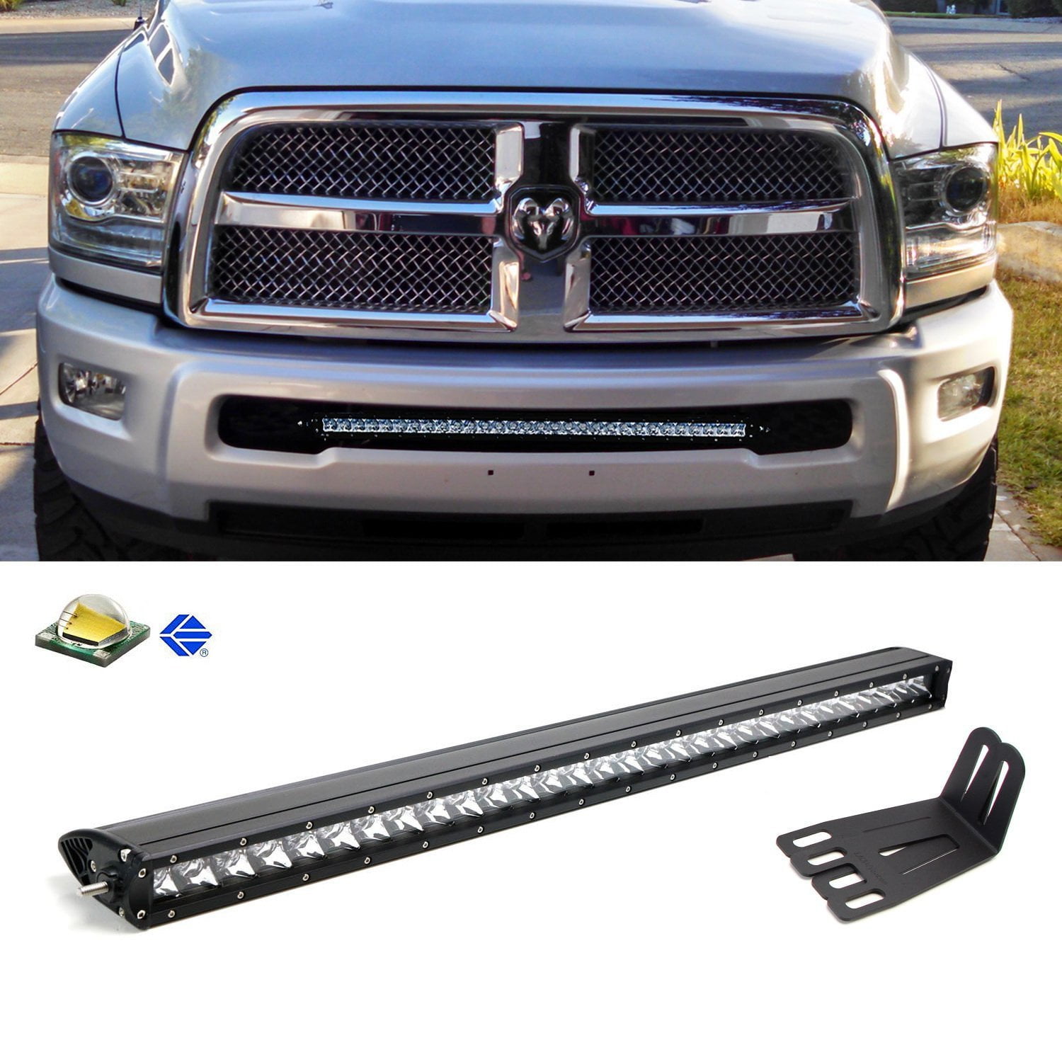 1 120W High Power LED Lightbar iJDMTOY Lower Grille 20 LED Light Bar Kit For 2009-18 Dodge RAM 2500 3500 HD Lower Bumper Opening Mounting Brackets & On/Off Switch Wiring Kit iJDMTOY Auto Accessories 21.5 Inch Double Row Straight LED Bar Includes