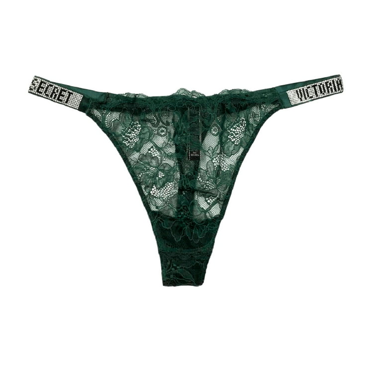 Victoria's Secret Very Sexy Bombshell Shine Rhinestone Strap Thong Panty  Forest Green Lace Size X-Large NWT 