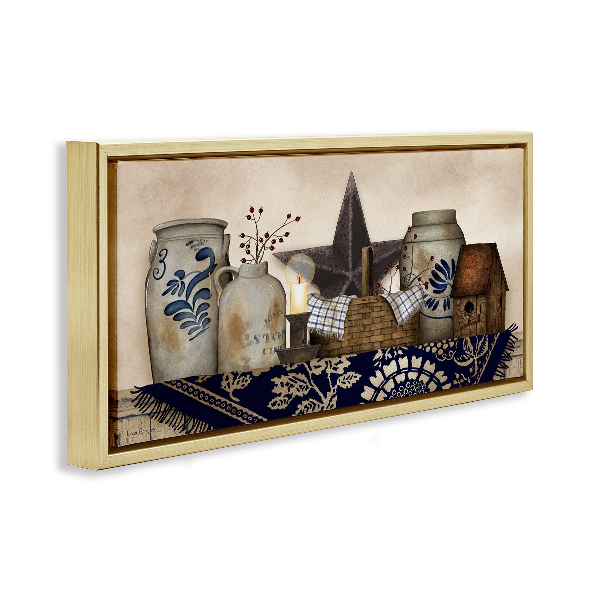 Stupell Industries Rustic Pottery Jars Botanical & Floral Painting Gold Floater Framed Canvas Art Print Wall Art, 25 x 11