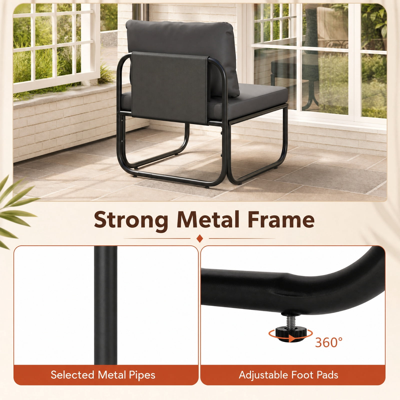 Furnibear Outdoor Patio Chairs Set of 2 with Removable Machine Washable Cushions Metal Frame and Adjustable Foot Pads for Backyard, Gray