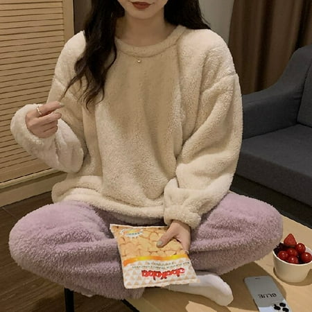 

DanceeMangoo WAVMIT Winter Womens Flannel Warm Long Sleeve Pajamas Set Thick Simple Leisure Women Sleepwear Set Gold Velvet Pyjamas Homewear