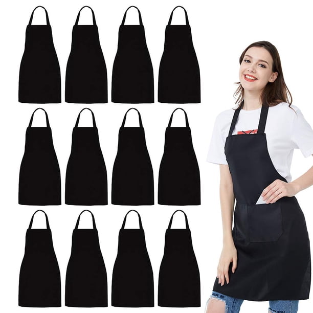 NOBONDO Paquete de 12 delantales con pechera – Delantal unisex negro a granel con 2 bolsillos espaciosos, lavable a máquina para cocina, manualidades, dibujo de barbacoa