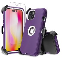 NIFFPD iPhone 14 Plus Case with Screen Protector   Belt-Clip Holster, Heavy Duty Hard Shockproof Phone Case for iPhone 14 Plus 6.7" Purple White