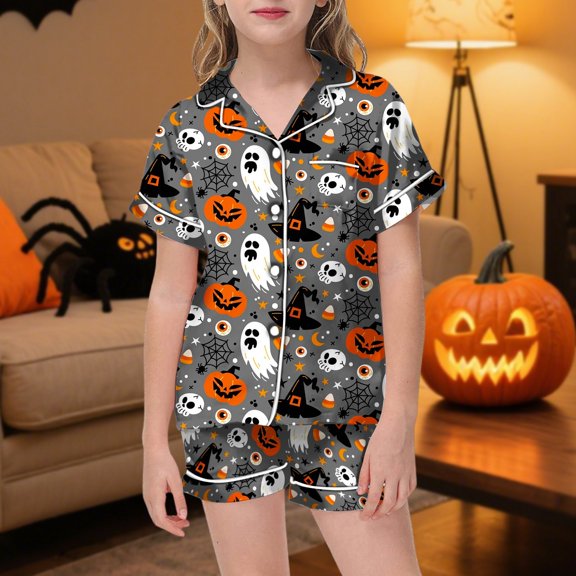 Outfit Sets for Girls Pumpkin Elements Print Short Sleeve Shirt Shorts 2 Piece Outfits Size 2-3Y
