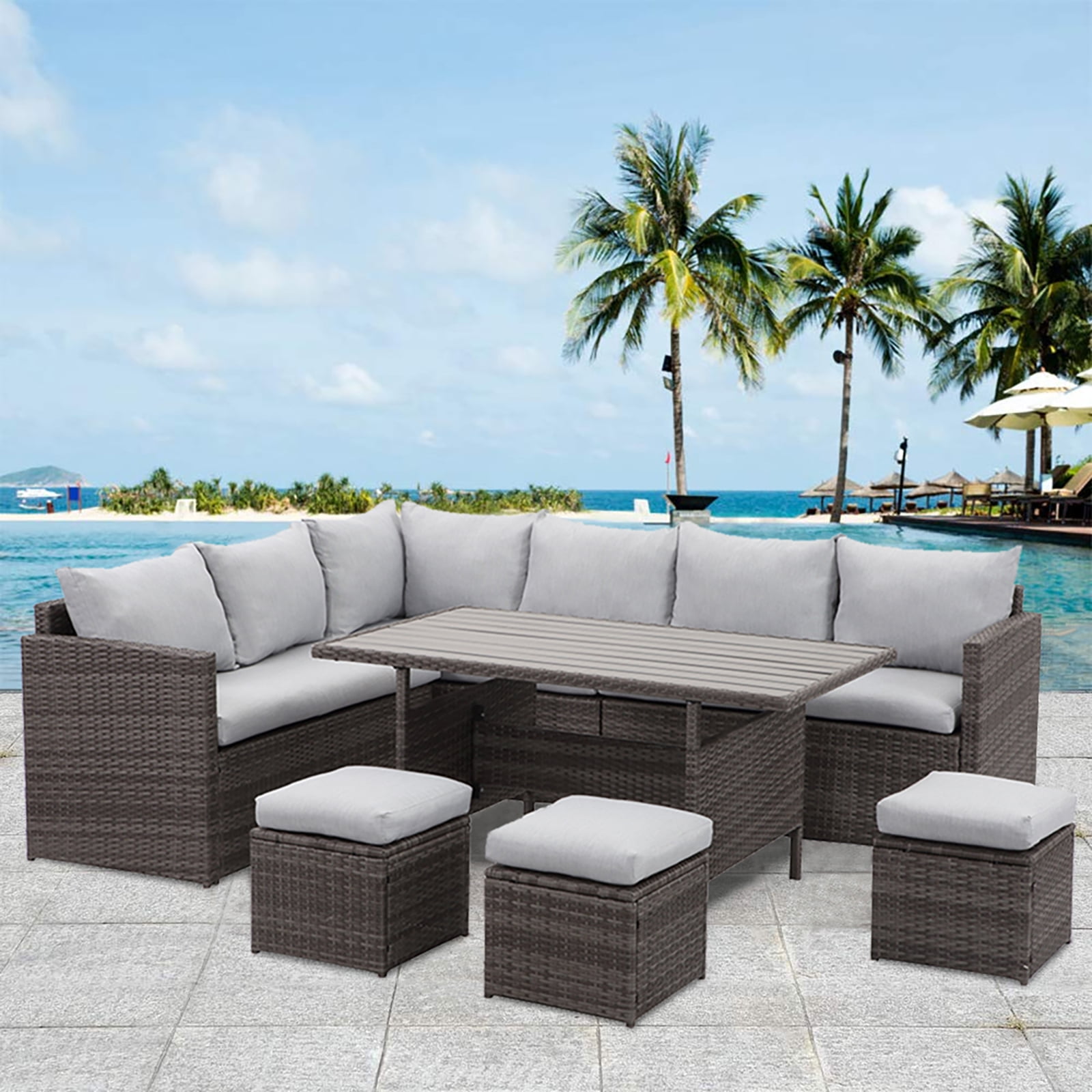 Heynemo 7 Piece Outdoor Conversation Set All Weather Wicker Sectional Sofa Set with Dining Table and Ottoman,Grey