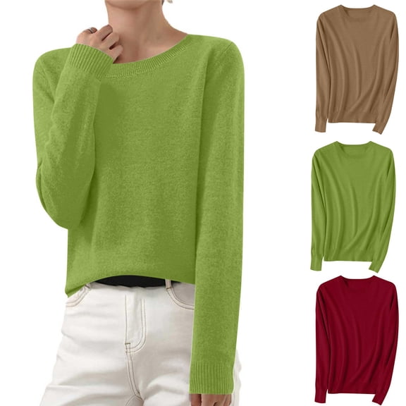 Naotn Crew Neck Knit Sweaters for Women Fashion Casual Solid Long Sleeve Button Pullover Lightweight Ribbed Cuffs Tops