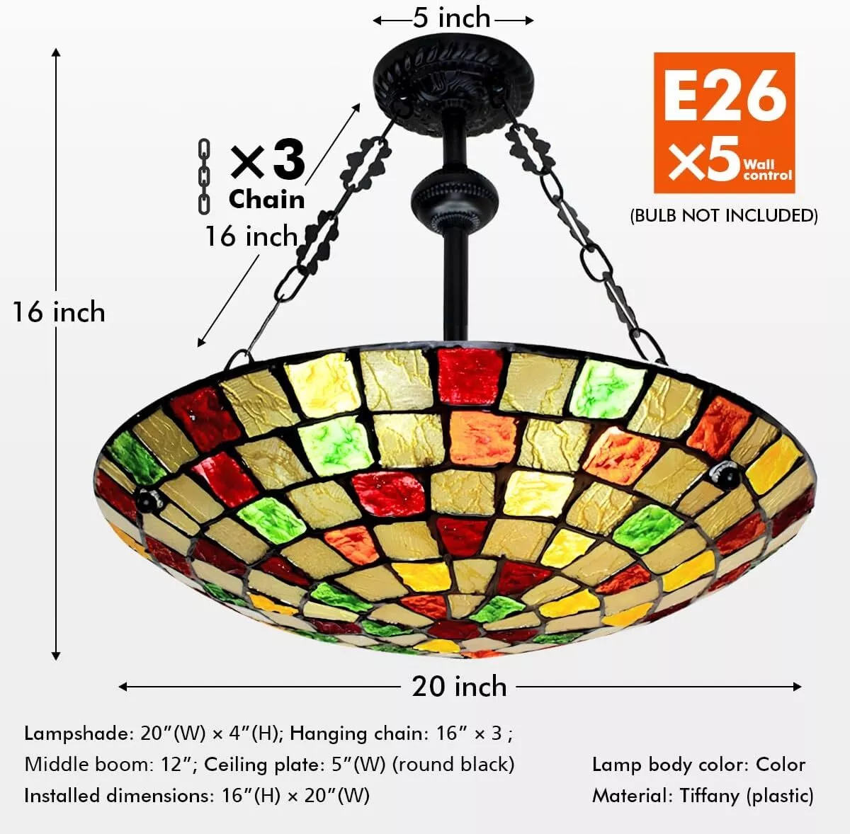 More Change 20" Tiffany Vintage Chandeliers Ceiling Lights 5-Light Hanging Pendant Fixtures