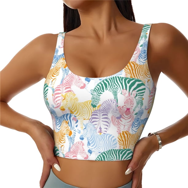Balery Zebra Colourful Sujetadores deportivos con espalda cruzada para mujer, acolchados, sin costuras, de alto impacto, ideales para yoga, gimnasio, entrenamiento y fitness.-Small