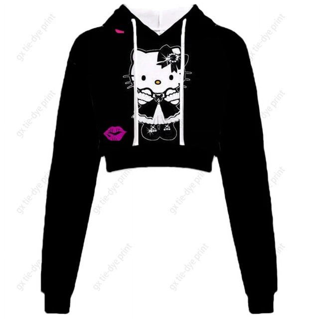 Chandail à Capuchon Imprimé Hello Kitty pour Femmes, Hauts Courts Kawaii Imprimés Harajuku, Sweat Court à Col Rond pour Femmes Harajuku