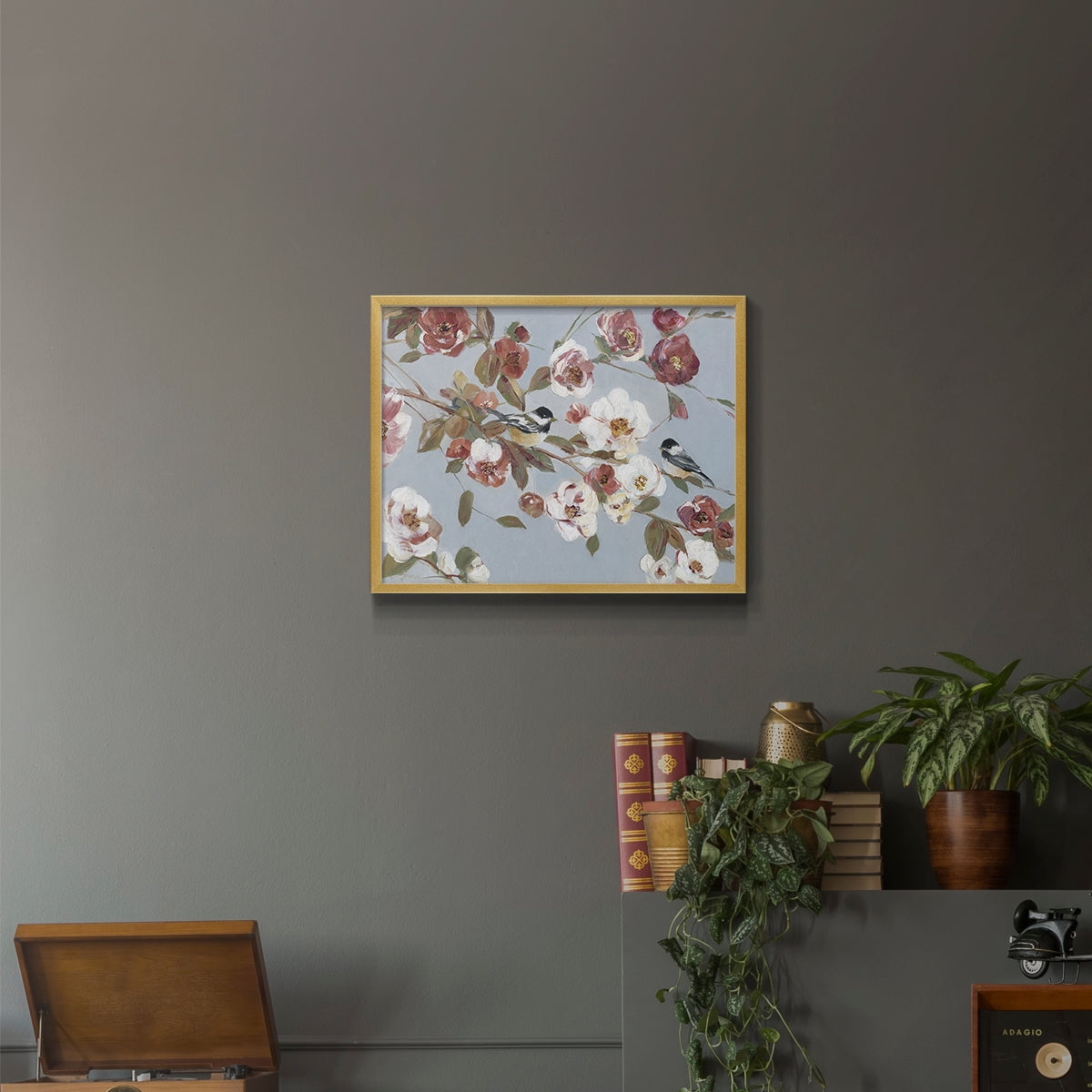 Chickadees and Blossoms II by Sally Swatland - Restickable Framed Giclée Print