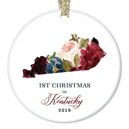 Christmas 2019 Porcelain Ornament First 1st Holiday Season Living in KENTUCKY Keepsake Present for Friend Family Colleague Pretty Flowers 3