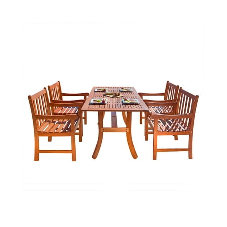 5-Piece Brown Natural Wood Finish Curvy Leg Table Outdoor Furniture Patio Dining Set with Casual Chairs 59"