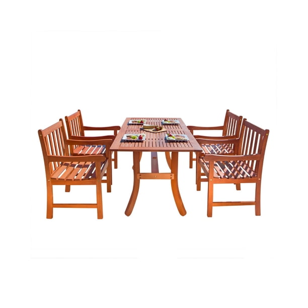 5Piece Brown Natural Wood Finish Curvy Leg Table Outdoor Furniture