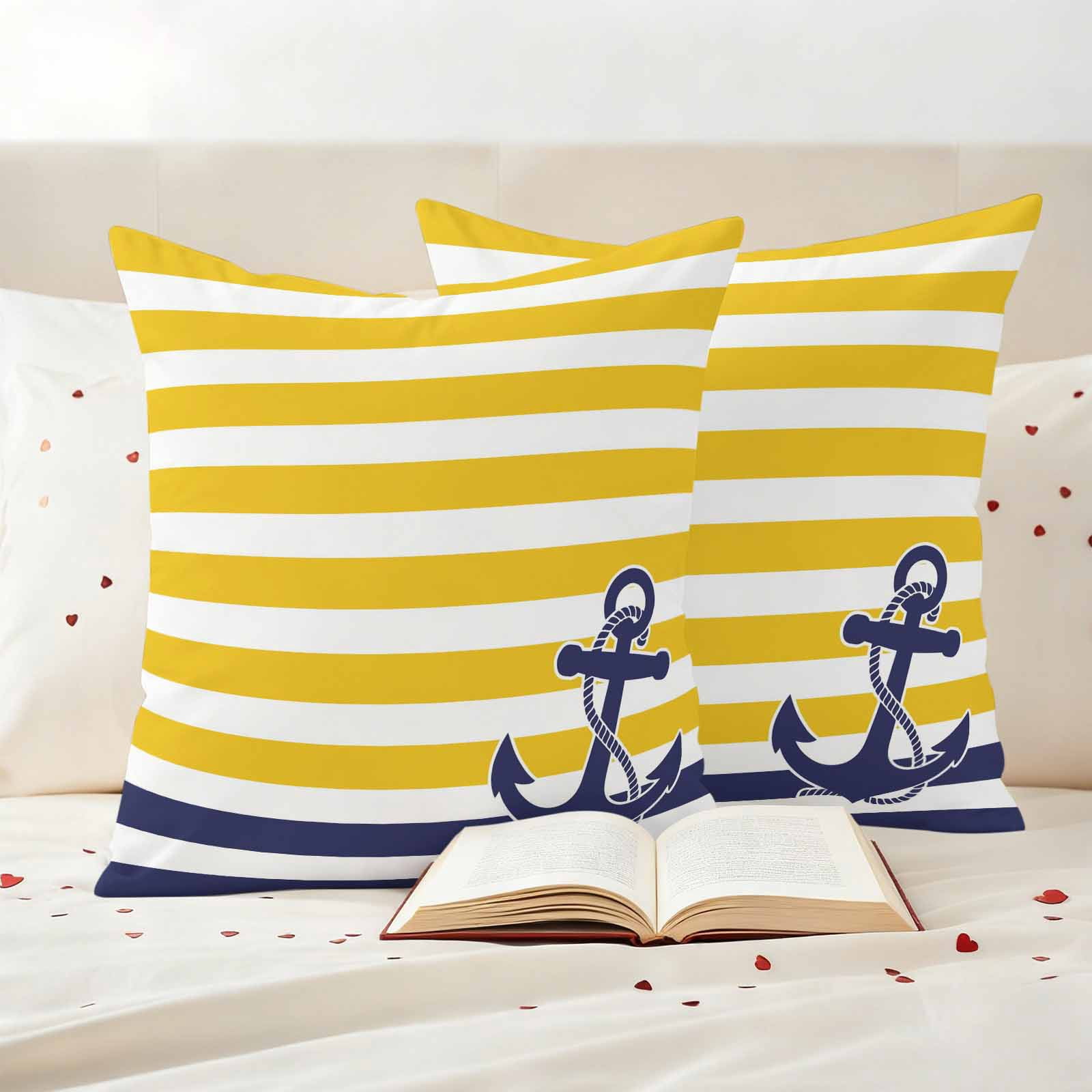 Pack of 2 Outdoor Pillow Covers 26x26 Inch Waterproof Yellow Striped Throw Pillow Covers,Decorative Couch Pillow Case Sham Navy Blue Nautical Anchor Geometric Patio Garden Pillowcases Cushion Covers