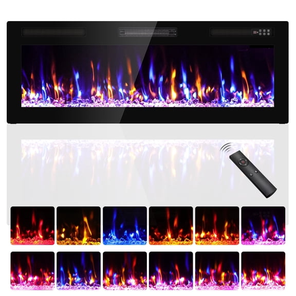BREEZEHEAT 50” Electric Fireplace Insert, Wall Mounted Fireplace with Multicolor Flame,Timer,Low Noise,750/1500W,Remote Control