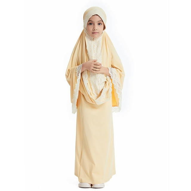 Hiiyo Little Girls Lace Long Sleeve Kaftan Maxi Dress with Turban Abaya Robe Outfits