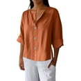 thumbnail image 3 of Womens Button Down Shirts Lapel Short Sleeve Shirt Collared Pocketed Casual Blouses Summer Tops 3/4 Loose And Linen Tops, 3 of 9