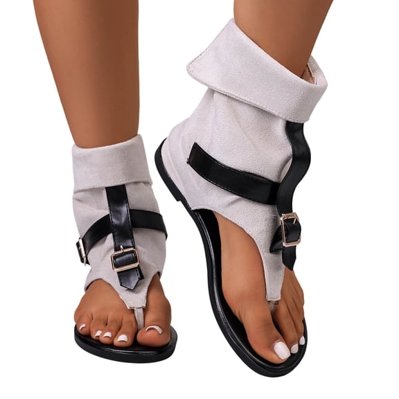 Gpaecead Women Round Open Toe Thong Back Zipper Bootie Style Flat Sandals Plus Size Adjustable Ankle Strap Spring Summer Fashion Comfort White