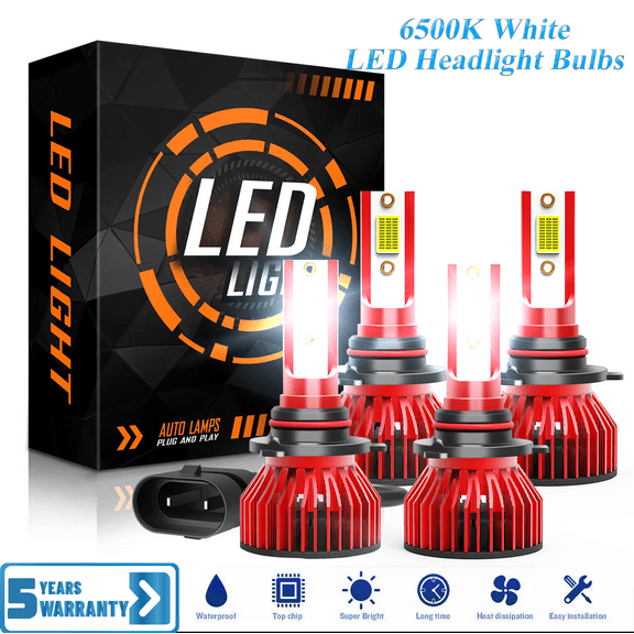 AQJ 9005+9006 LED Headlight Bulbs High Beam + Low Beam Combo, 10,000LM 600% Ultra-Bright Bulb, Plug & Play 6,500K Cool White, IP68 Waterproof Plug with Cooling Fan, CANbus Ready, Pack of 4