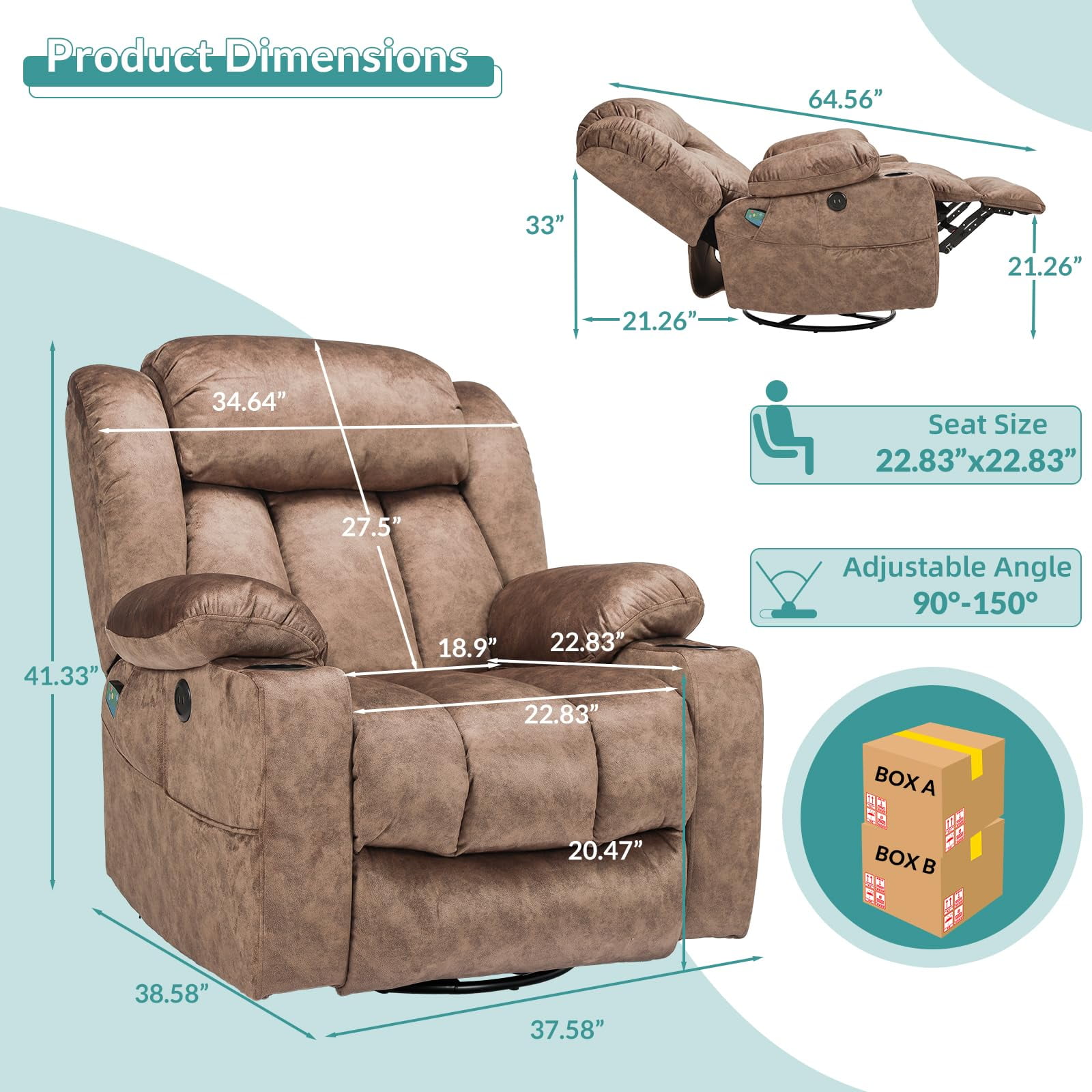 MEETWARM Massage Swivel Rocker Recliner, Manual Glider Rocking Recliner Chair with Heat and Vibration, 360°Swivel Lounge Reclining Chair with USB Ports/Cup Holder/Remote Control(Plush-Brown)