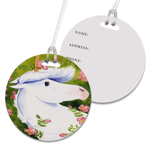 KuzmarK Luggage Travel Round Bag Tag - Blue-Eyed Unicorn with Pink Roses Art by Denise Every