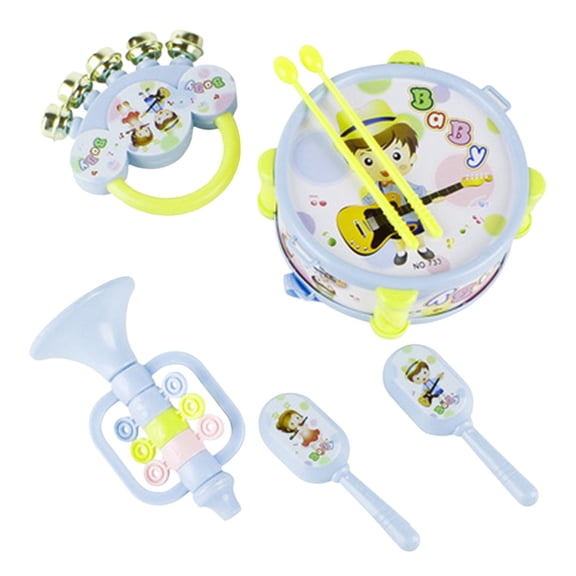 Blue Infant Musical Instrument Set Hand Drum Rattle Trumpet Early Learning Sensory Play Safe Percussion Toys For Babies Toddlers Gift Blue Compact Size