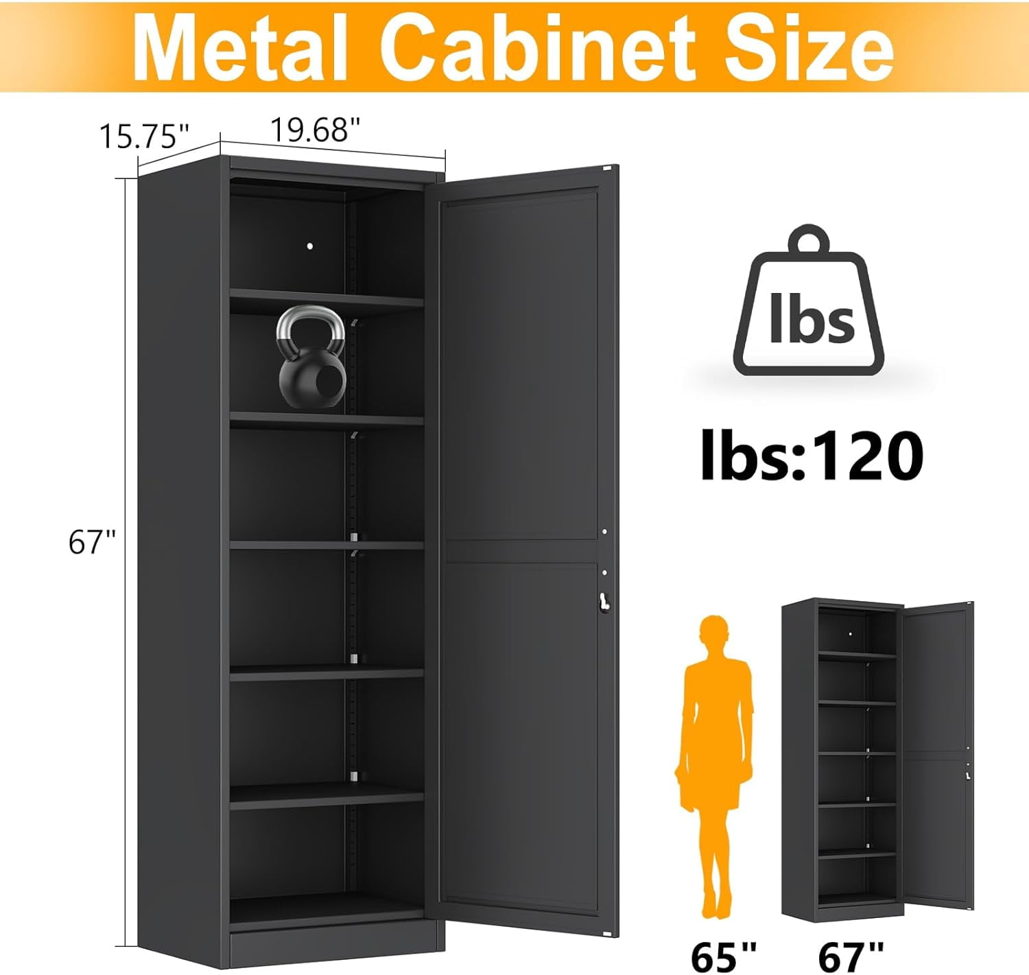 Ero 67" Metal Storage Cabinet with Lock, Tall Narrow Office File Cabinets with 1 Door & 5 Adjustable Shelves