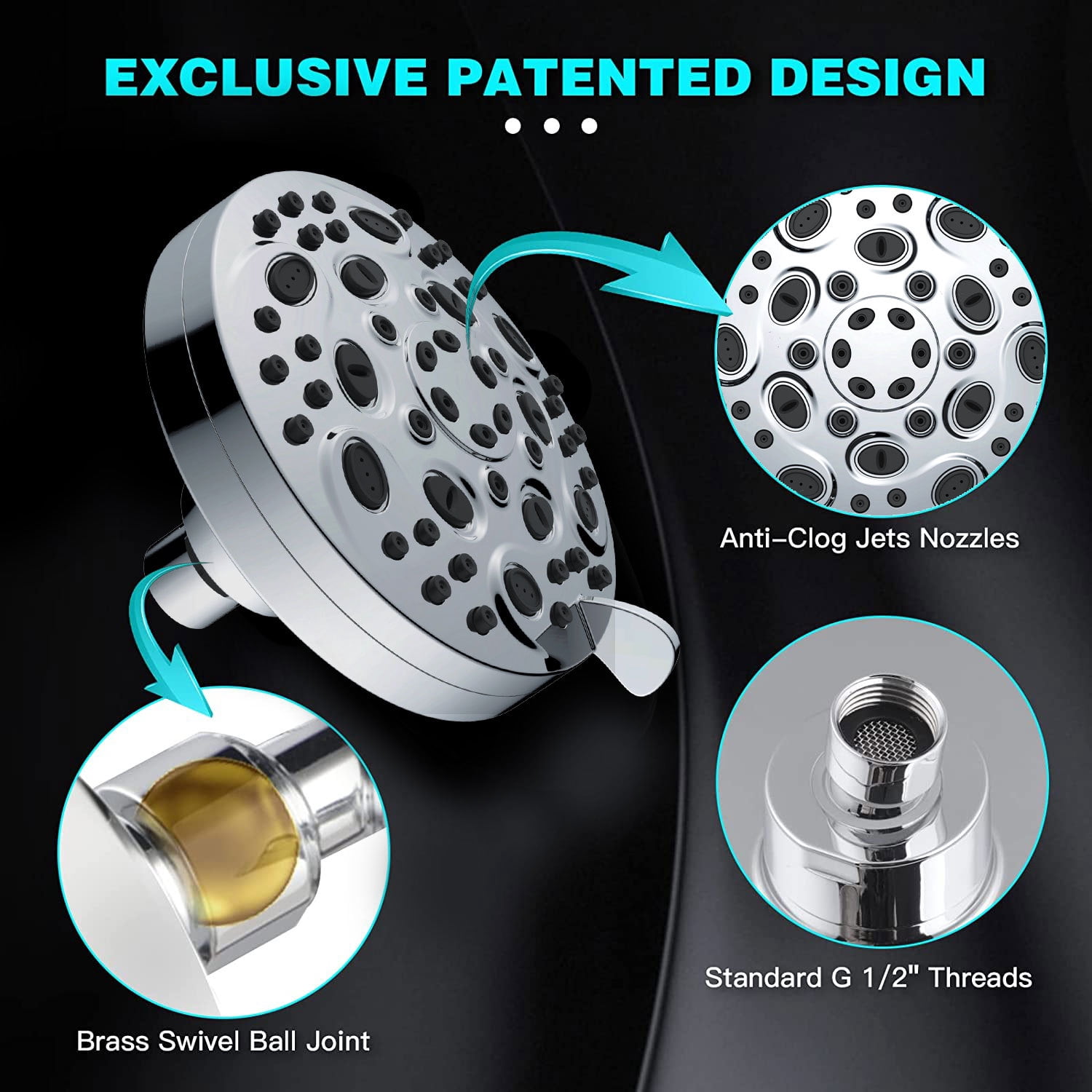 High Pressure Shower Head 5" Rain Fixed Showerhead 8-Spray Setting with Adjustable Brass Swivel Ball Joint - Excellent Replacement for Your Bath Shower Head