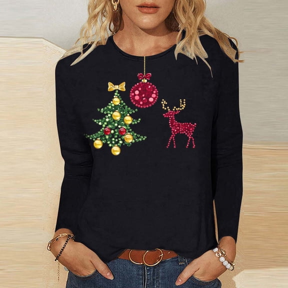 Hueook Christmas Shirts for Women Christian Shirts Women's Casual Christmas Print Round Neck Long Sleeve T-Shirt Loose Top Multicolor M
