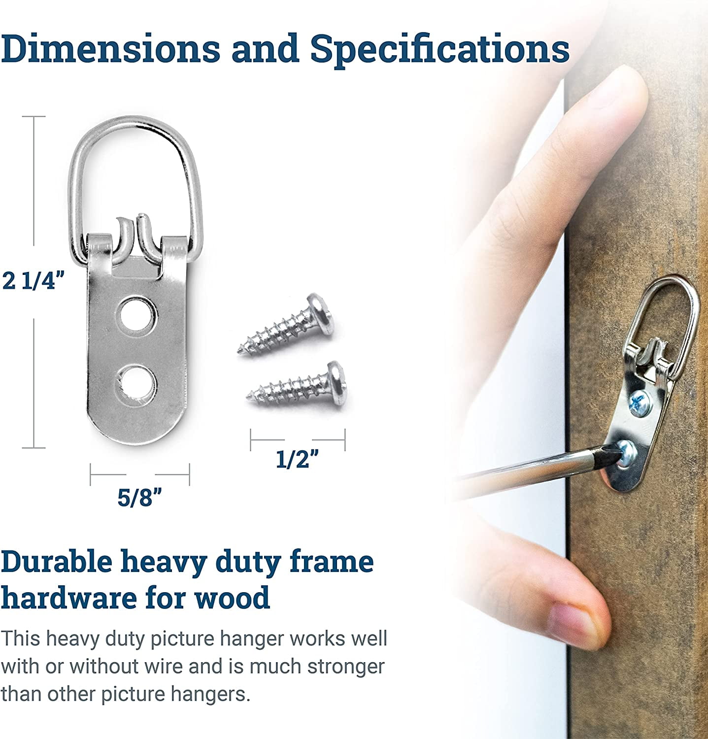 PHS Heavy Duty D Ring Picture Hangers - 50 Pack - 2 Hole with Screws - D Rings Heavy Duty, Painting Hangers, Support 40 lbs