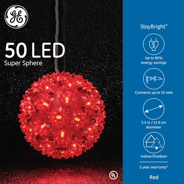 GE StayBright LED Super Sphere with 50 LED Lights RED