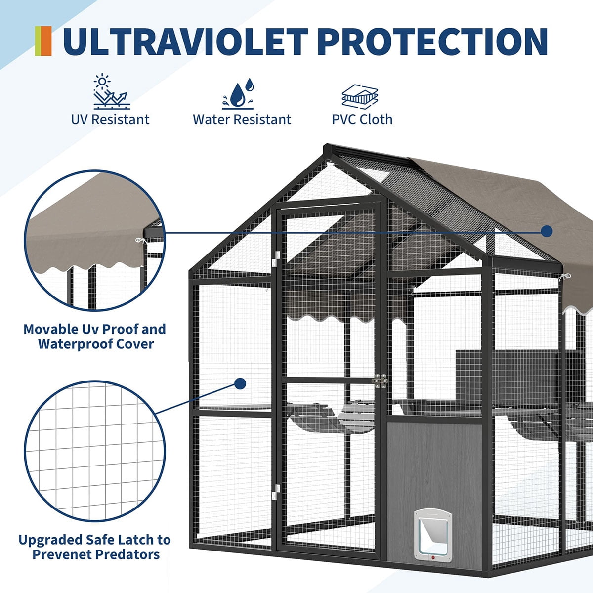 Aluminum Walk-In Large Outdoor Cat Enclosure,Large Outdoor Catio for Multiple Cats,Outside Cattery with Weatherproof Roof with Channels,Side Door,UV Proof Cover,Huge Condo,Platform(ship in 2 boxes)