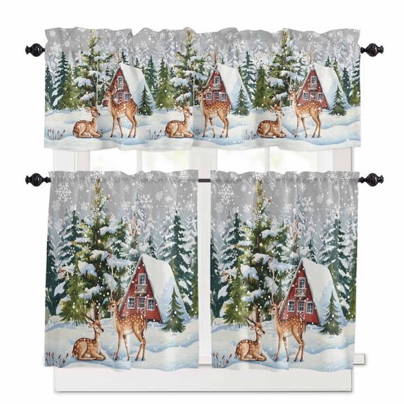 Snowflake Christmas Curtain Valances Set Winter Xmas Polka Dot Kitchen Curtains 24 inch Length Rod Pocket Valance and Tiers 3 Piece Set Small Bedroom Bathroom Laundry Decor