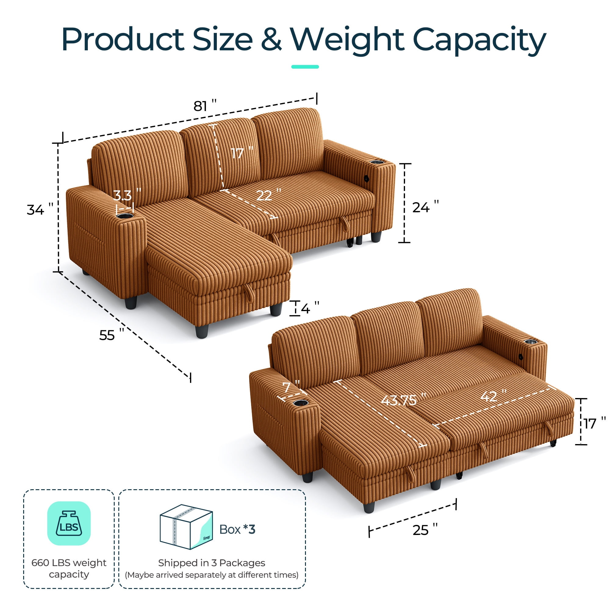 LINSY HOME Modular Sectional Couches for Living Room, Sofa Bed with Storage Seat, Pull Out Couch Bed with Storage Ottoman, Brown