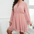 thumbnail image 3 of Efsteb Chiffon Dresses for Women Long Sleeve V Neck Plus Size Short Dress Ruffled Waist Solid Color Casual Loose Dresses (Pink,XXXL), 3 of 5