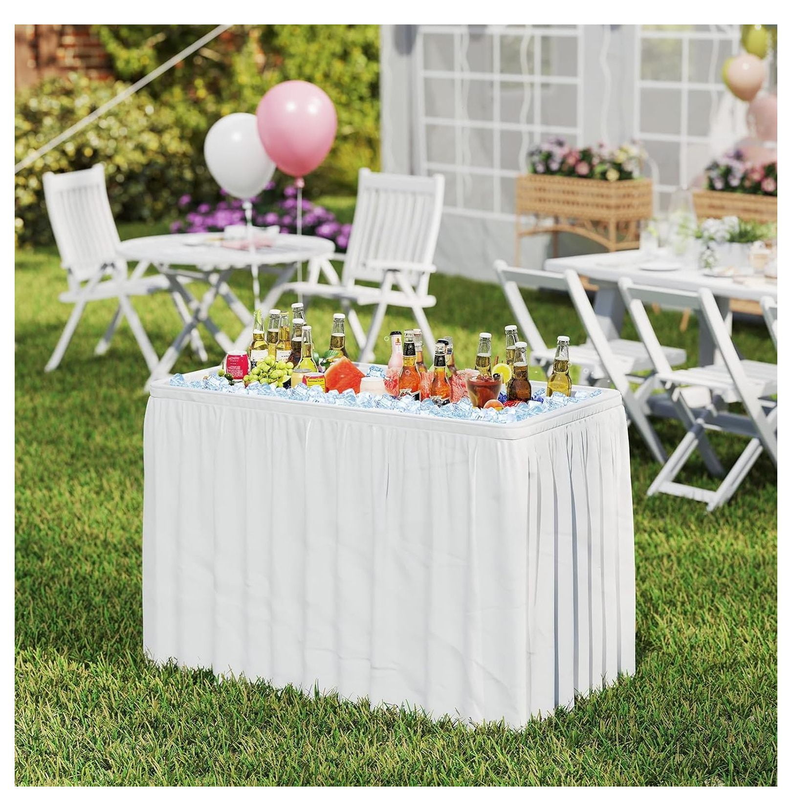 Folding Ice Cooler Table, 4 FT Portable Ice Table with Drain, Matching Skirt & Foldable Bucket, Buffet Beverage Server for Party, Picnic, Camping