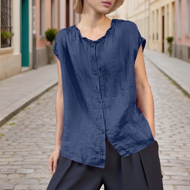 Xuyuer Women's Solid Color Sleeveless Blouse, Lace Collar Cardigan Top Loose Fit Casual Fashion Shirt